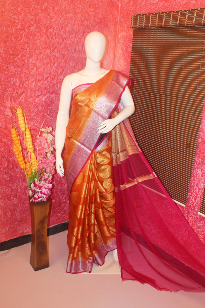 Yellow/Orange Venkatagiri Pattu Saree with work blouse – Anamika Fashions